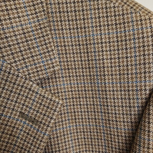 Andrew Fezza 100% Spun Silk Beige Blue Plaid Blazer Size 42R - Picture 3 of 7